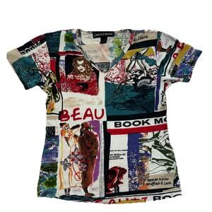 Vtg Italian Euro-Summer Graphic Baby Tee Collage Top Small